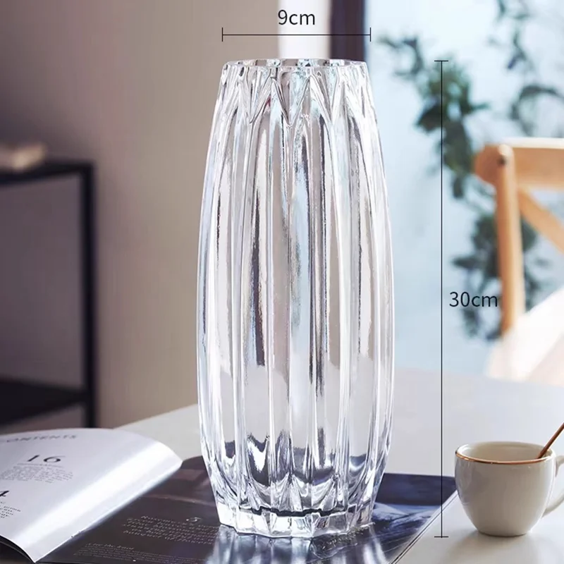 Vertical Ribbed Glass Vase Modern Living Room Water Planting Floral Arrangement Decor Flower Holder - Transparent