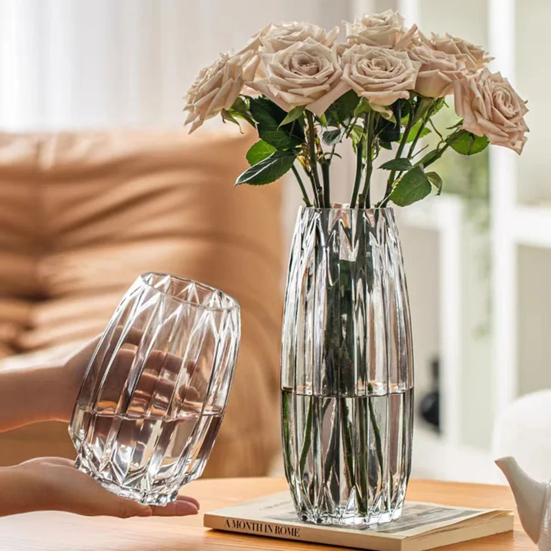 Vertical Ribbed Glass Vase Modern Living Room Water Planting Floral Arrangement Decor Flower Holder - Transparent