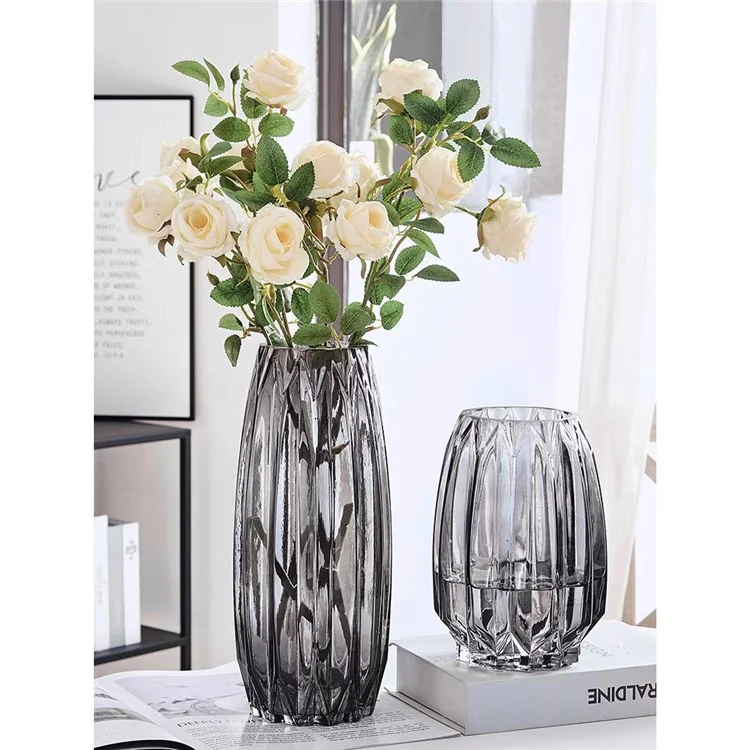 Vase en verre nervuré vertical - Décoration moderne pour salon, arrangement floral et plantation d'eau - Gris fumé