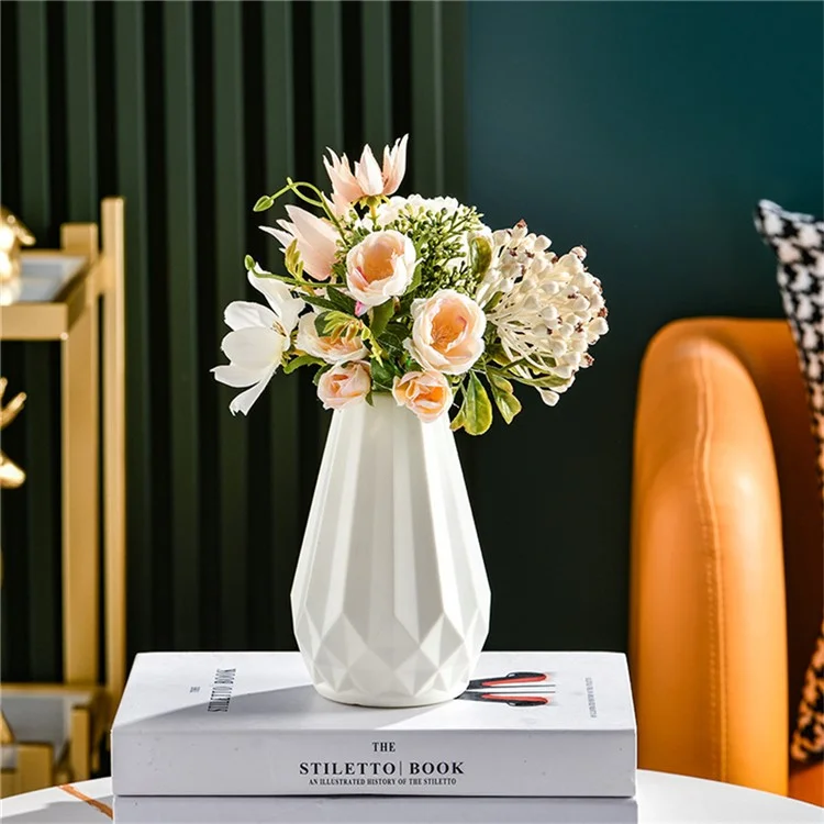 Vase à Fleurs en Plastique avec Effet Émail Céramique pour Fleurs Artificielles Sèches - Blanc