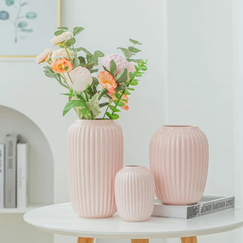 Medium Size Modern Ceramic Striped Vase Flower Arrangement Container Living Room Decor - Pink