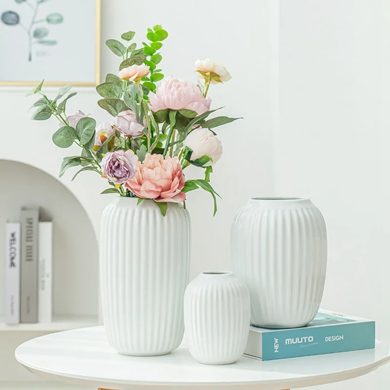 Medium Size Modern Ceramic Striped Vase Flower Arrangement Container Living Room Decor - Pink