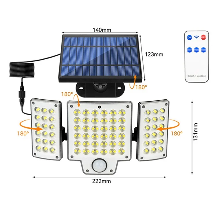 TG-TY01037 216 LED 3-Head Solar Powered Wall Light with Remote Control Waterproof Garden Lamp, Standard Panel