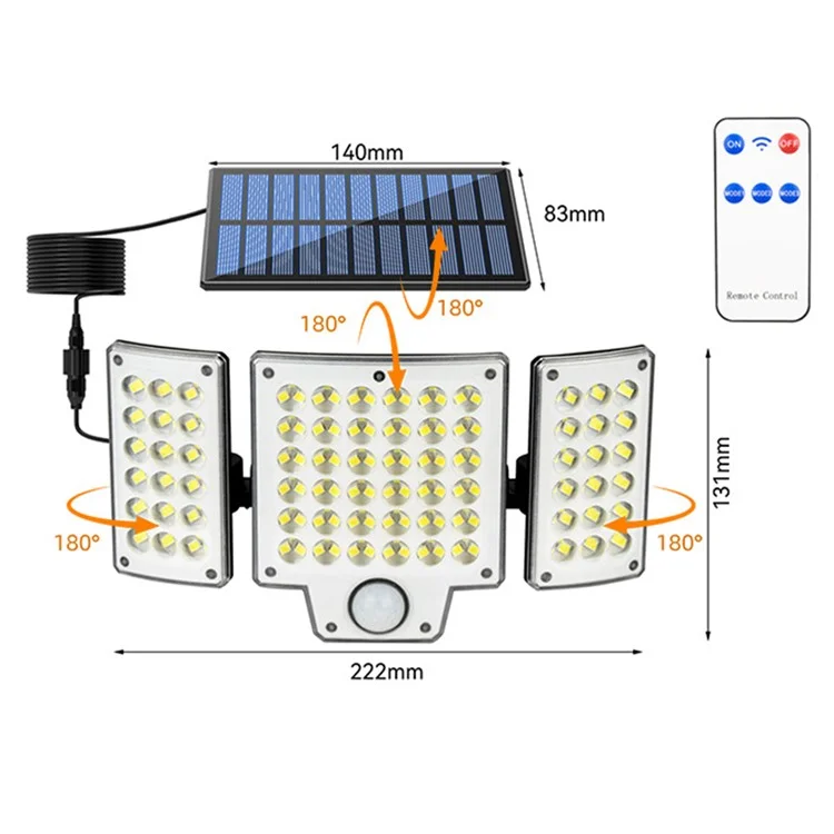 TG-TY01038 216 LED 3-Head Solar Powered Wall Light with Remote Control Waterproof Garden Lamp, Large Panel