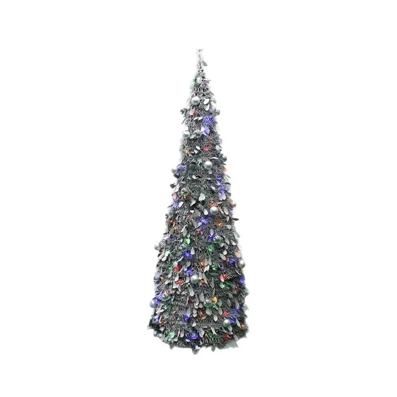 150cm Collapsible Spiral Christmas Tree with LED Lights Ornaments USB Powered Flocked Xmas Tree Party Decoration