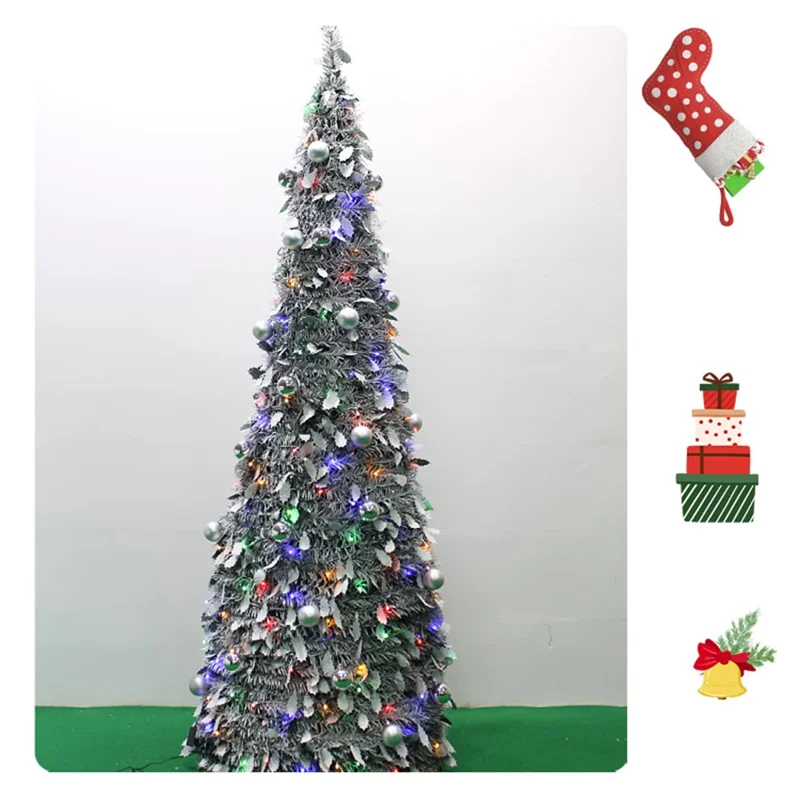 150cm Collapsible Spiral Christmas Tree with LED Lights Ornaments USB Powered Flocked Xmas Tree Party Decoration