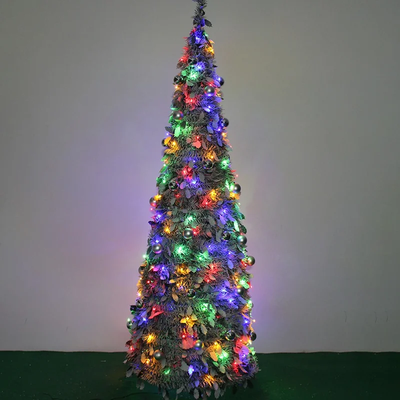 150cm Collapsible Spiral Christmas Tree with LED Lights Ornaments USB Powered Flocked Xmas Tree Party Decoration
