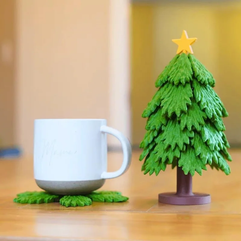 Set di Sottobicchieri ad Albero di Natale Decorazione Festiva Pad Protettivo da Tavola Stampato in 3D con Miniatura di Albero