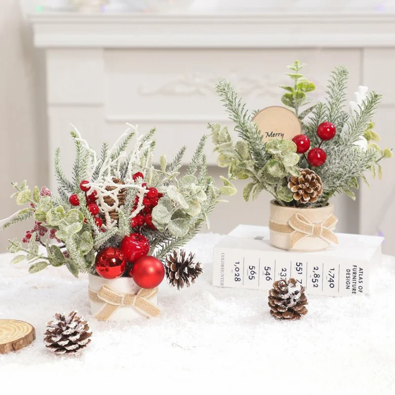 23cm Height Desktop Mini Christmas Tree Festive Potted Plant Decoration Holiday Gift Tabletop Centerpiece - Style 2