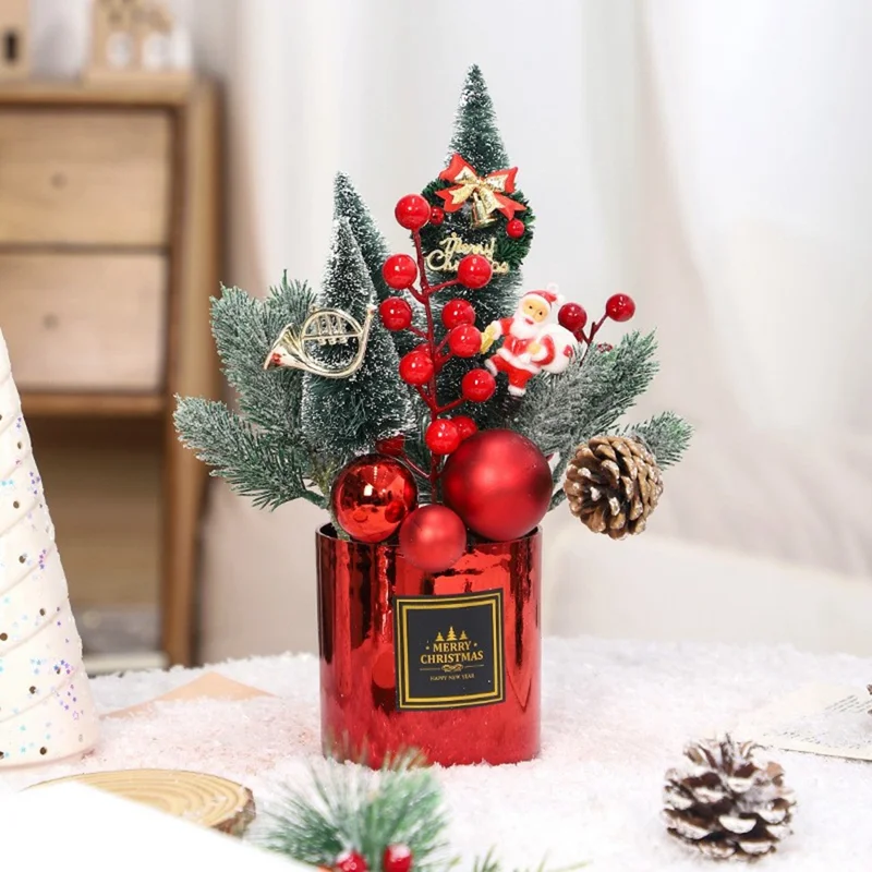 Árvore de Natal Mini de Mesa de 30 cm Planta Festiva em Vaso Decoração de Feriado - Vermelho