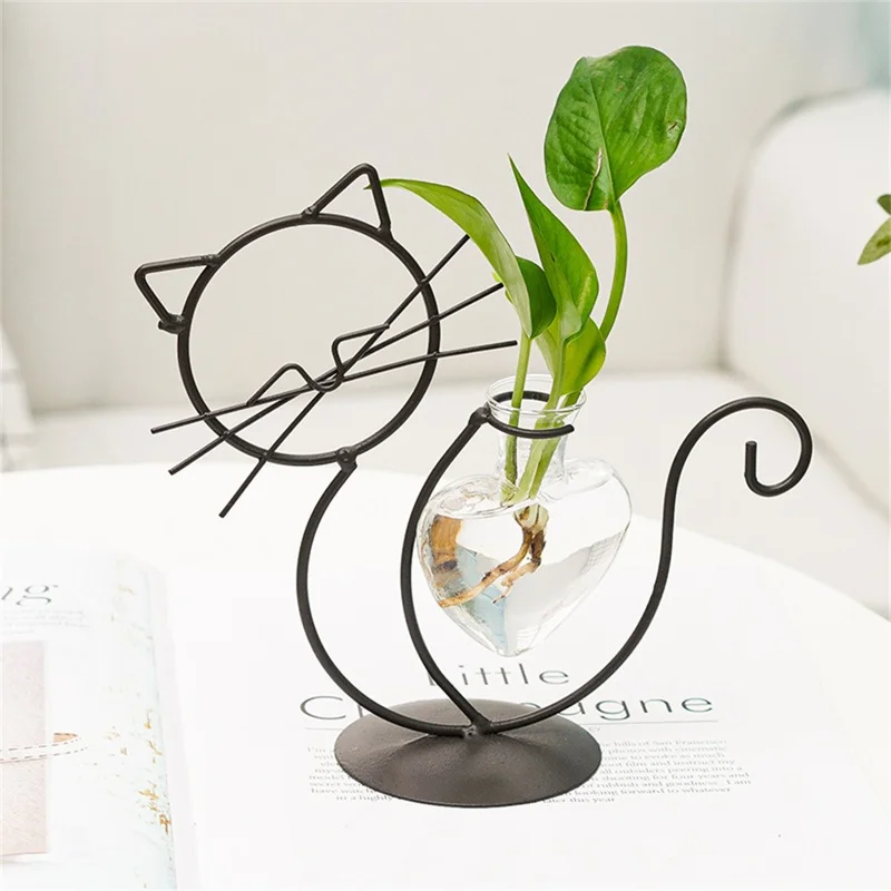 Suporte de Plantas em Formato de Gato Sentado, Ferro, Vaso Hidropônico, Ornamento Criativo para Decoração de Casa - Preto