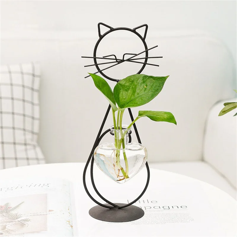 Suporte para Plantas em Formato de Gato em Pé, Vaso Hidropônico de Ferro, Ornamento Criativo para Decoração de Casa - Preto