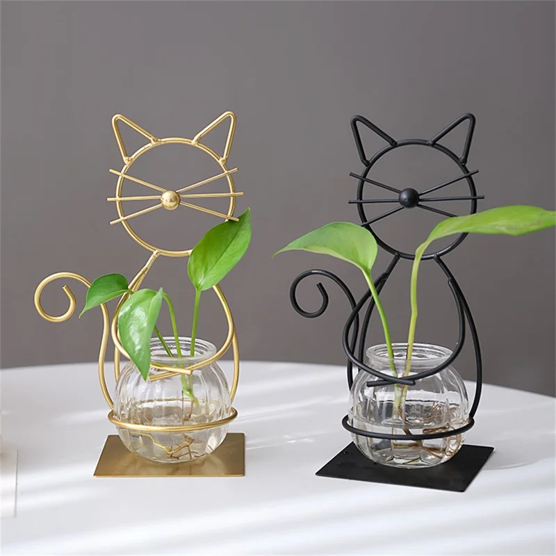Suporte para Plantas em Formato de Gato em Pé, Vaso Hidropônico de Ferro, Ornamento Criativo para Decoração de Casa - Preto