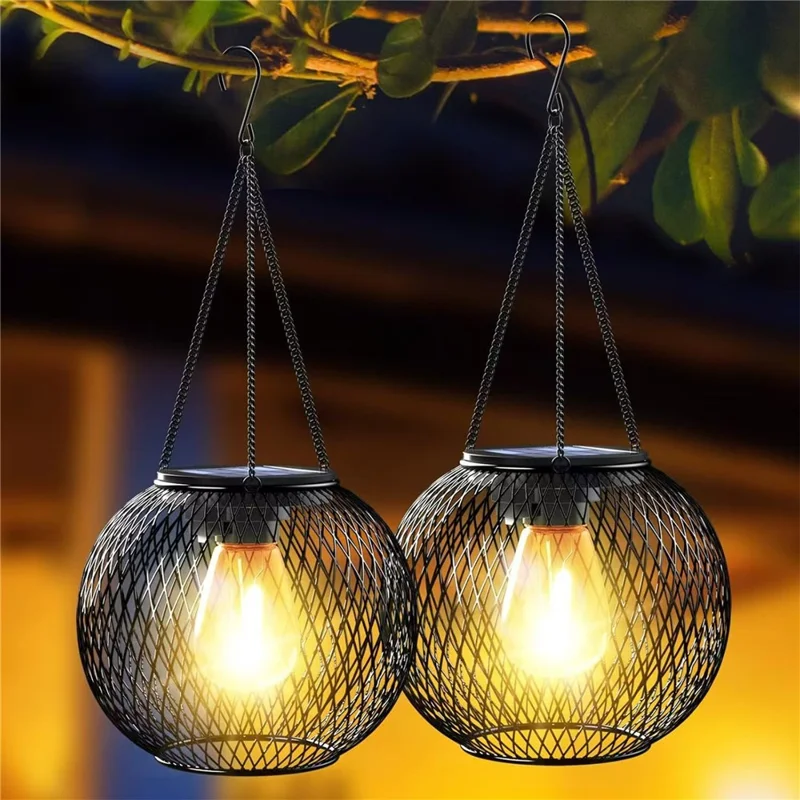 2 Piezas de Farol Solar de Arte en Hierro para Exteriores, Resistente al Agua, Colgante para Jardín, Bombilla Decorativa para Paisaje