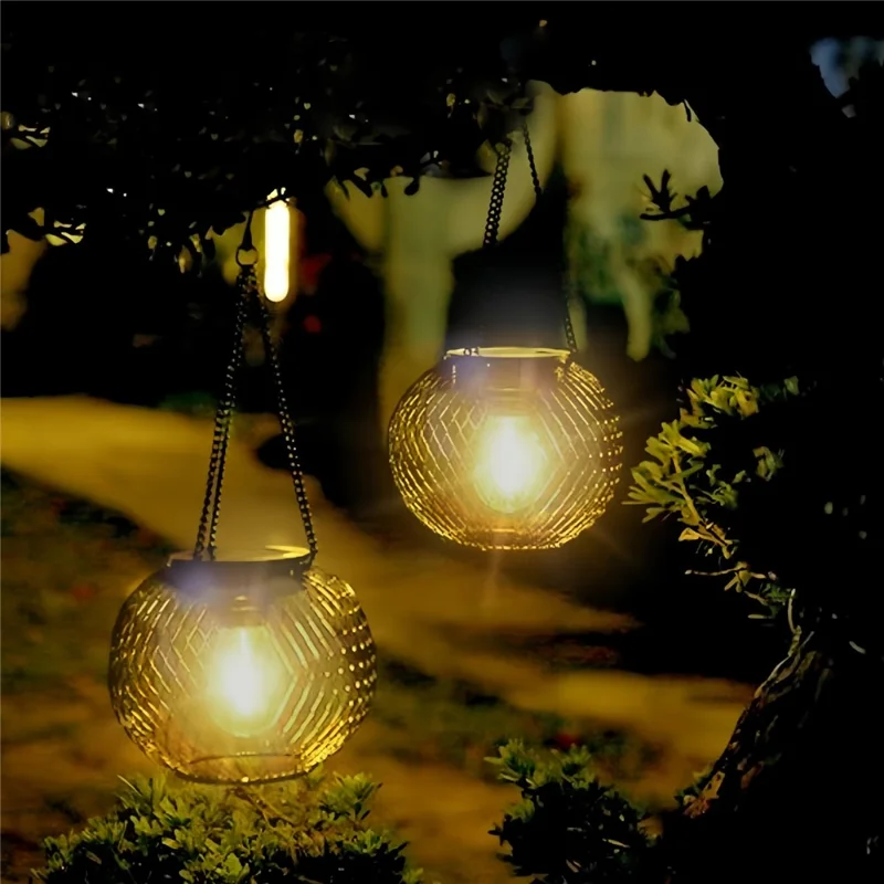2 Piezas de Farol Solar de Arte en Hierro para Exteriores, Resistente al Agua, Colgante para Jardín, Bombilla Decorativa para Paisaje