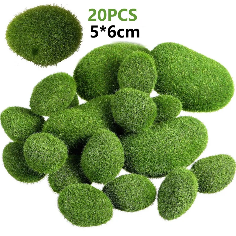 20 Pezzi di Muschio Artificiale su Pietre 5 x 6cm Pietre Finte Realistiche per Riprese Decorative Giardino Contenitori di Vetro Artigianato