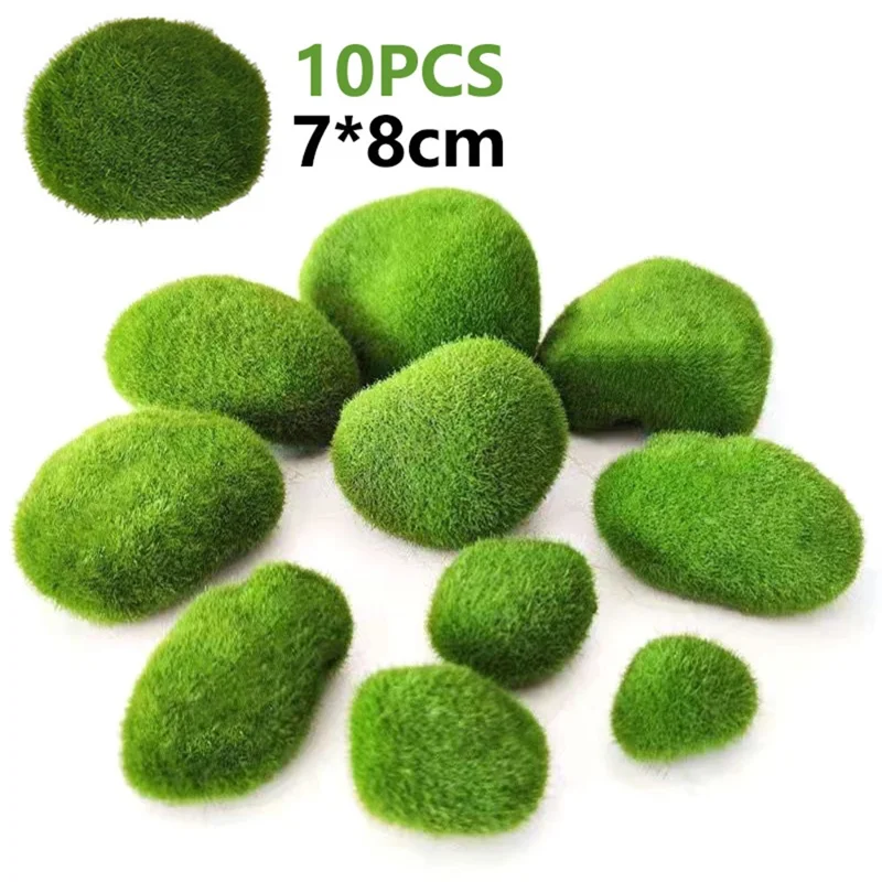 10 Stück Künstliche Moosbedeckte Steine 7 x 8 cm Oval Grün für Garten Landschaftsgestaltung Heimdekoration Basteln