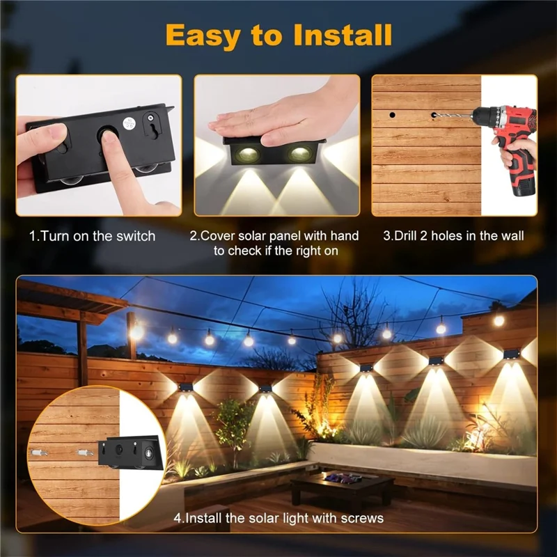 TS-G0308 1Pc 4LED Wall Washer Light Outdoor Solar Waterproof 3-Sided Ambient Lamp, Warm Light