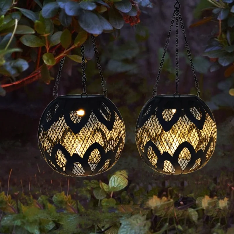Solar Powered Garden Light Petal Tungsten Wire Lantern Hollow Design Outdoor Iron Hanging Lamp Waterproof