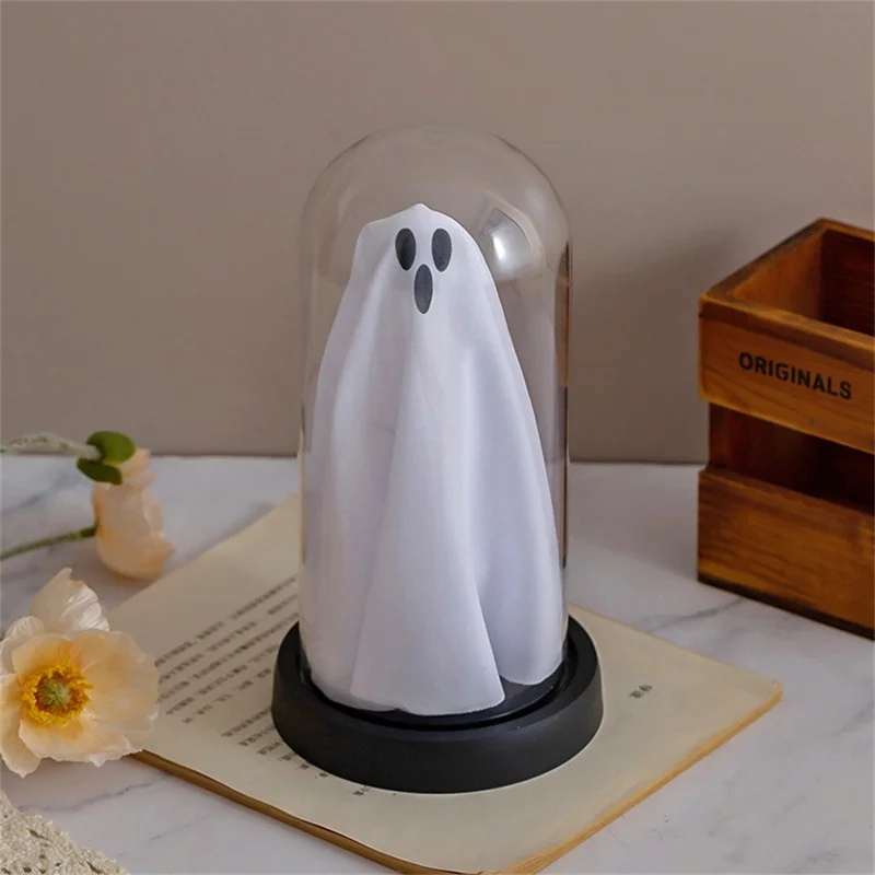 Halloween Ghost Figurine LED Night Light Creative Hanging Ghost Lamp Glass Dome Atmosphere Decor - Warm Light / Black Base