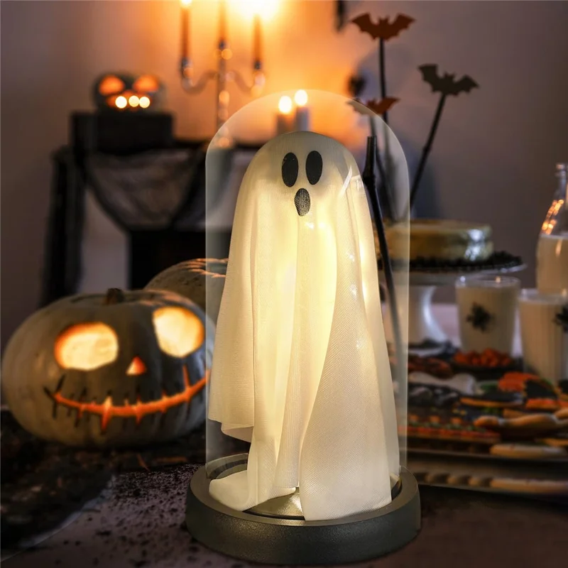 Halloween Ghost Figurine LED Night Light Creative Hanging Ghost Lamp Glass Dome Atmosphere Decor - Warm Light / Black Base