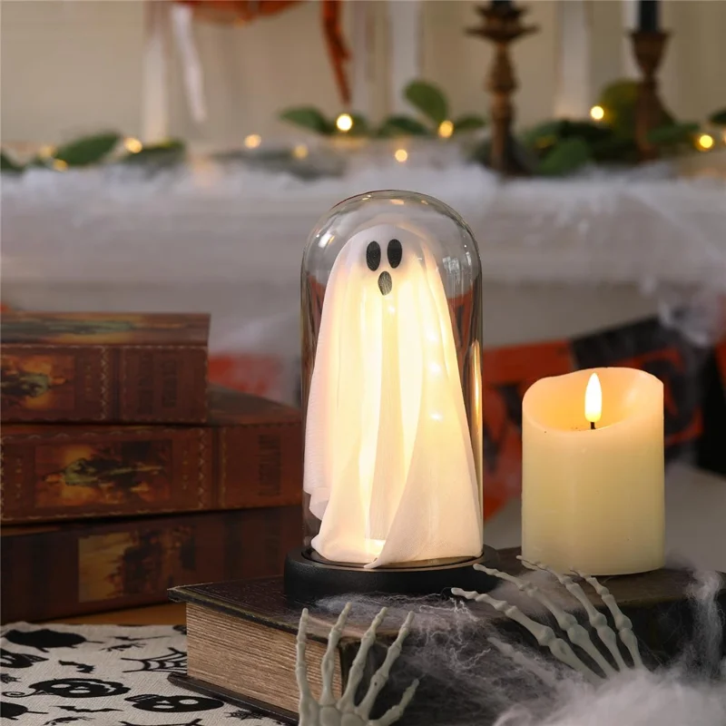 Halloween Ghost Figurine LED Night Light Creative Hanging Ghost Lamp Glass Dome Atmosphere Decor - Warm Light / Black Base