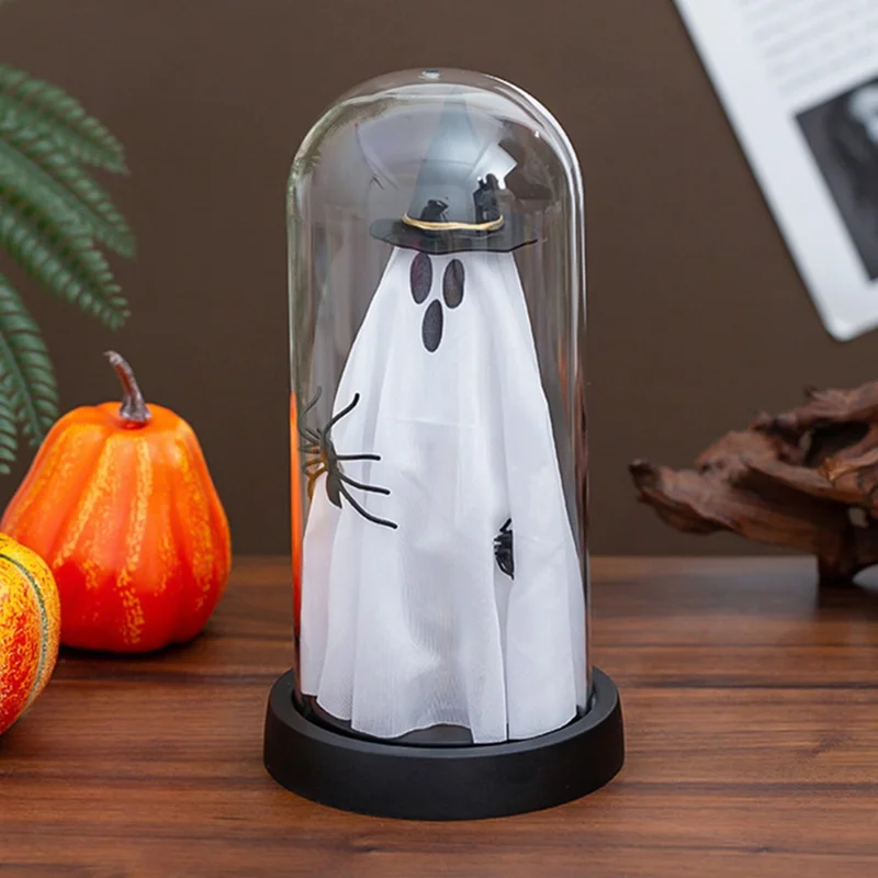 Halloween Ghost Figurine LED Night Light Creative Hanging Ghost Lamp Glass Dome Atmosphere Decor Gift - Black Hat / Black Base (Warm Light)
