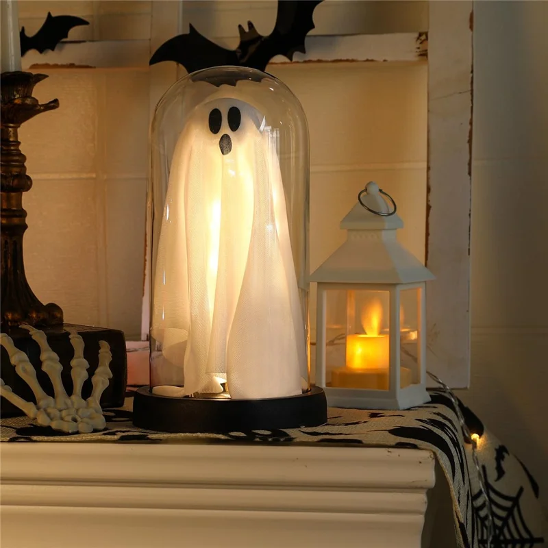 Halloween Ghost Figurine LED Night Light Creative Hanging Ghost Lamp Glass Dome Atmosphere Decor Gift - Black Hat / Black Base (Warm Light)