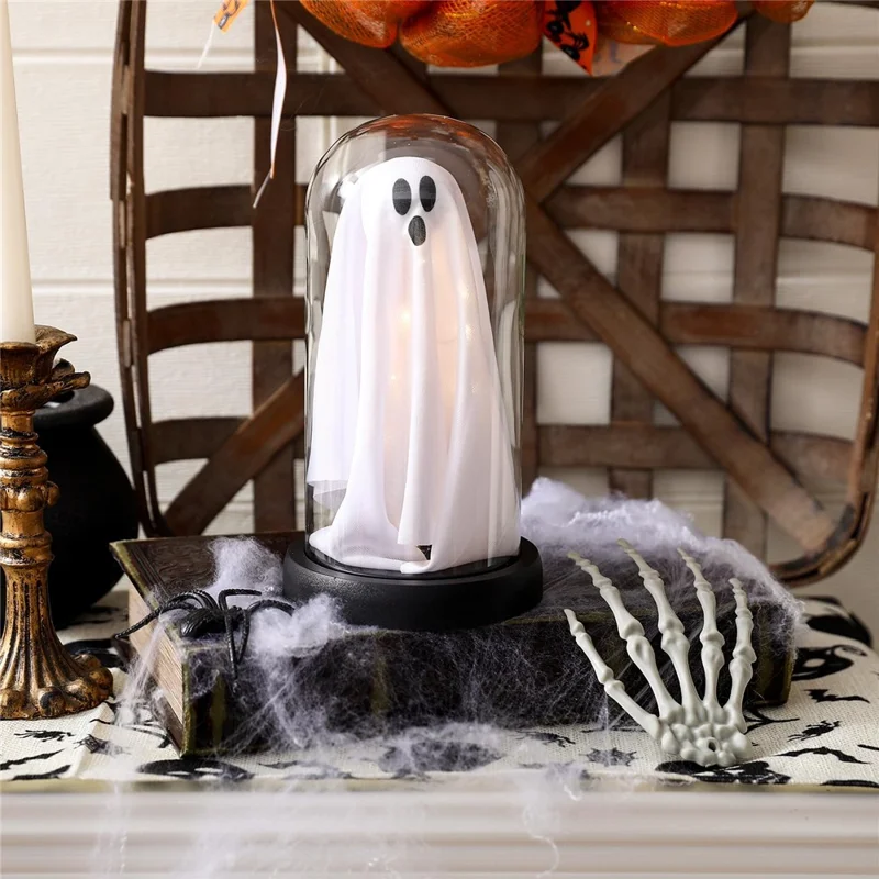 Halloween Ghost Figurine LED Night Light Creative Hanging Ghost Lamp Glass Dome Atmosphere Decor Gift - Black Hat / Black Base (Warm Light)
