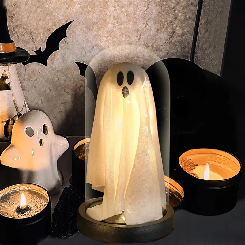 Halloween Ghost Figurine LED Night Light Creative Hanging Ghost Lamp Glass Dome Atmosphere Decor Gift - Black Hat / Black Base (Warm Light)