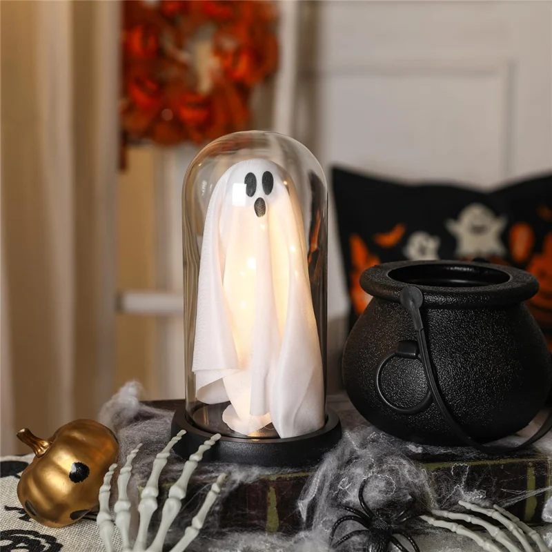 Halloween Ghost Figurine LED Night Light Creative Hanging Ghost Lamp Glass Dome Atmosphere Decor Gift - Black Hat / Black Base (Warm Light)