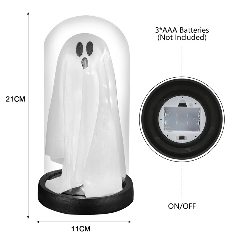 Halloween Ghost Figurine LED Night Light Creative Hanging Ghost Lamp Glass Dome Atmosphere Decor Gift - Black Hat / Black Base (Warm Light)