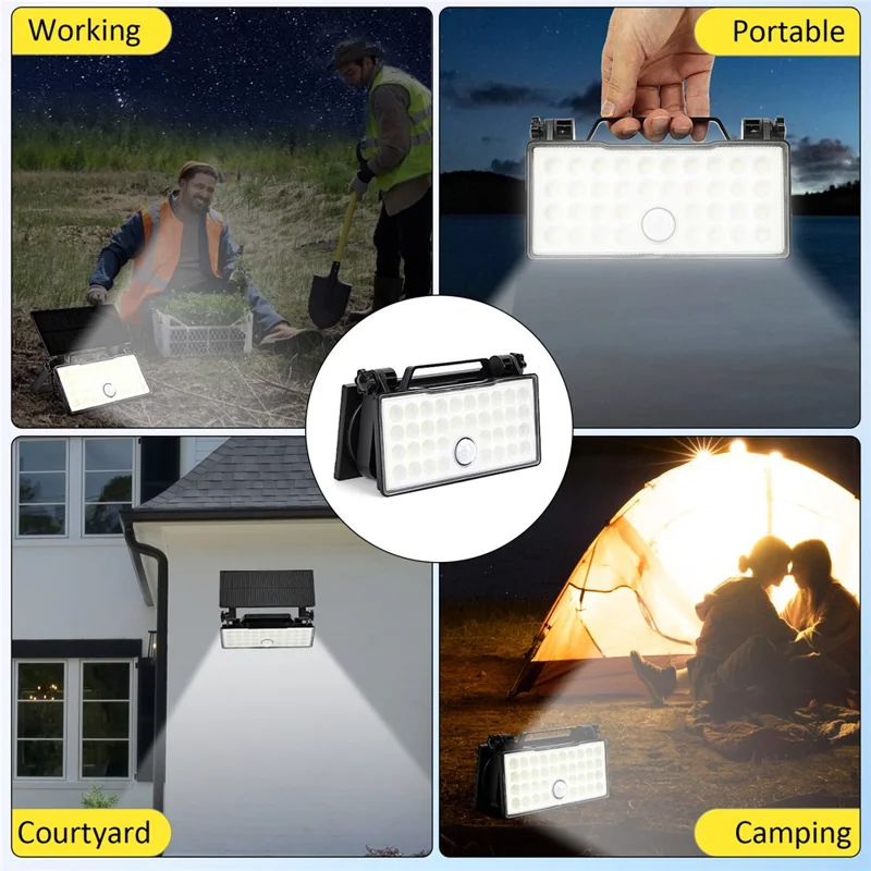 Projecteur solaire portable Camping Travail Lumière Pliable Rotative Détecteur de mouvement Lampe murale - Lumière blanche 5000K