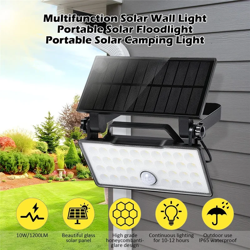 Projecteur solaire portable Camping Travail Lumière Pliable Rotative Détecteur de mouvement Lampe murale - Lumière blanche 5000K