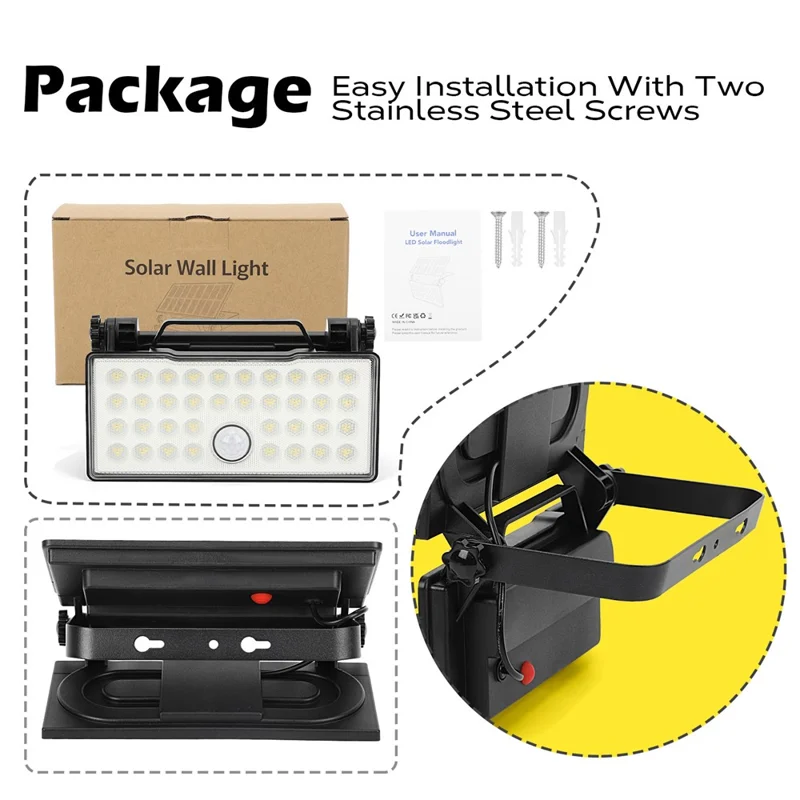 Projecteur solaire portable Camping Travail Lumière Pliable Rotative Détecteur de mouvement Lampe murale - Lumière blanche 5000K