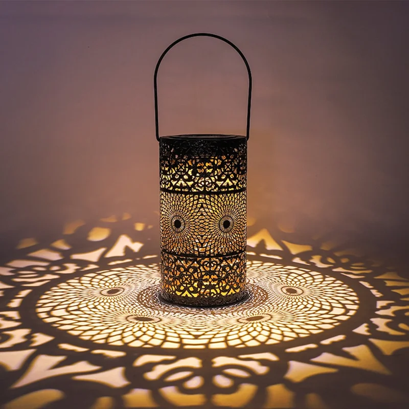 Solar Powered 3-Tier Hollow Out Projection Light Iron Art Decorative Hanging Lantern for Garden Patio