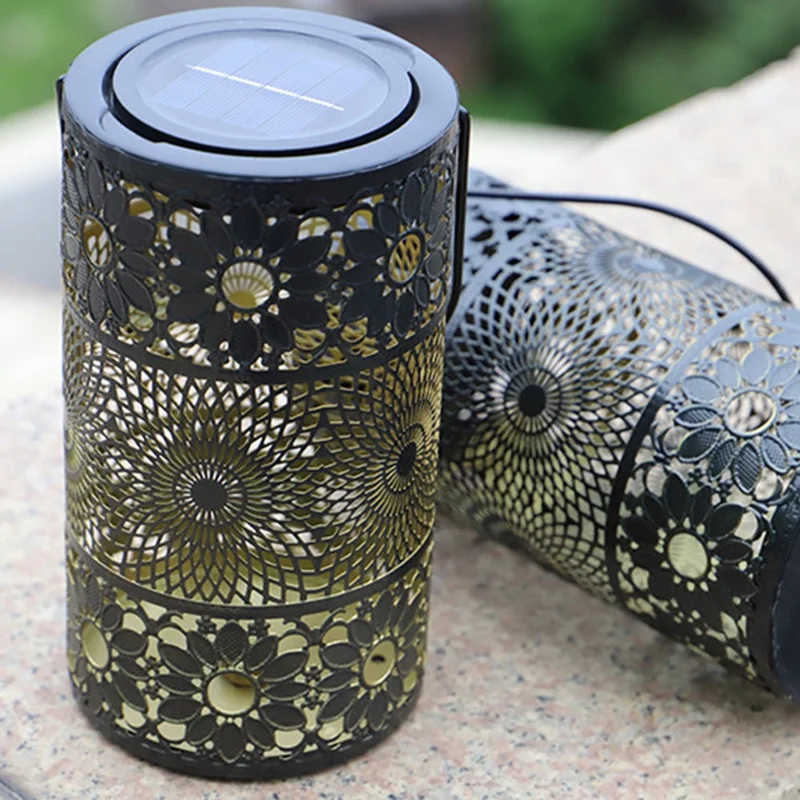 Solar Powered 3-Tier Hollow Out Projection Light Iron Art Decorative Hanging Lantern for Garden Patio