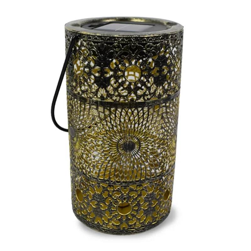 Solar Powered 3-Tier Hollow Out Projection Light Iron Art Decorative Hanging Lantern for Garden Patio