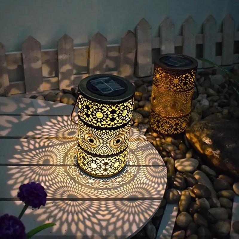 Solar Powered 3-Tier Hollow Out Projection Light Iron Art Decorative Hanging Lantern for Garden Patio