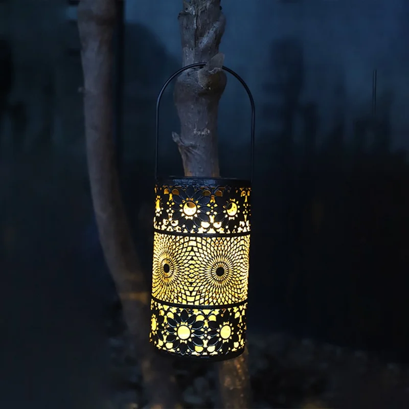 Solar Powered 3-Tier Hollow Out Projection Light Iron Art Decorative Hanging Lantern for Garden Patio