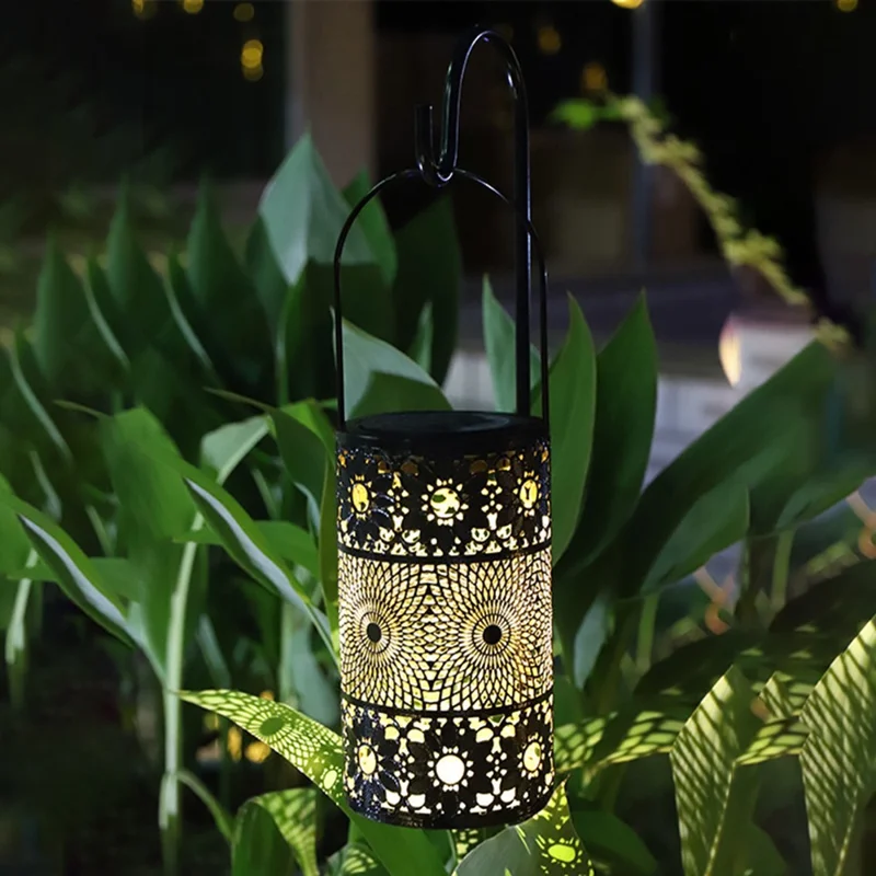 Solar Powered 3-Tier Hollow Out Projection Light Iron Art Decorative Hanging Lantern for Garden Patio