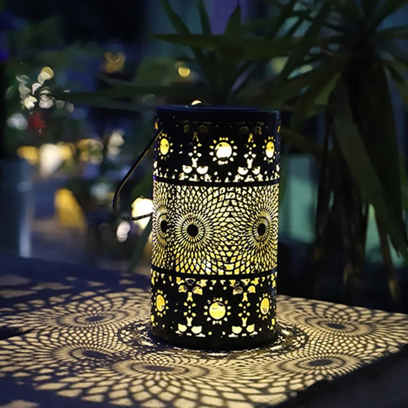 Solar Powered 3-Tier Hollow Out Projection Light Iron Art Decorative Hanging Lantern for Garden Patio