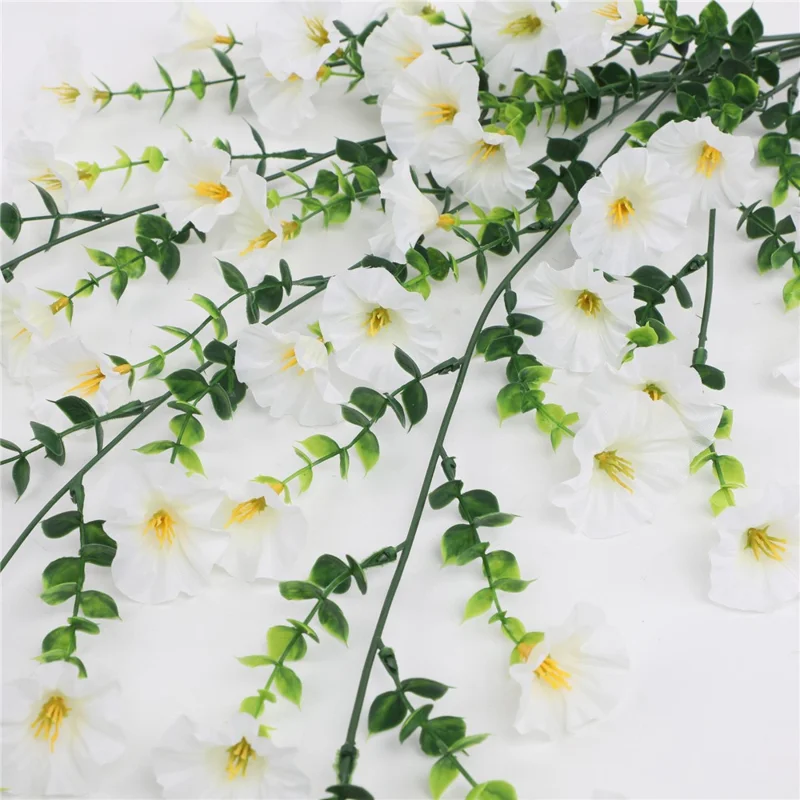 2Pcs Artificial Morning Glory Vine Hanging Plants Fake Flowers Decorative Garland Props - White