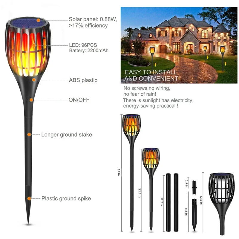 YY-9605-1B IP65 Waterproof Solar Powered 96-LED Torch Light for Outdoor Garden Lawn Lamp with Flickering Flame Effect