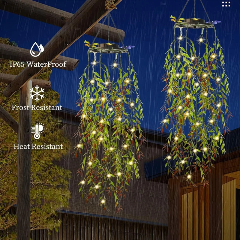 2Pcs Willow Leaves LED String Lights Outdoor Solar Hanging Artificial Plants Waterproof Fake Foliage Decor