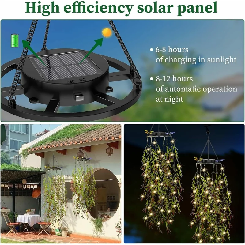 2Pcs Willow Leaves LED String Lights Outdoor Solar Hanging Artificial Plants Waterproof Fake Foliage Decor