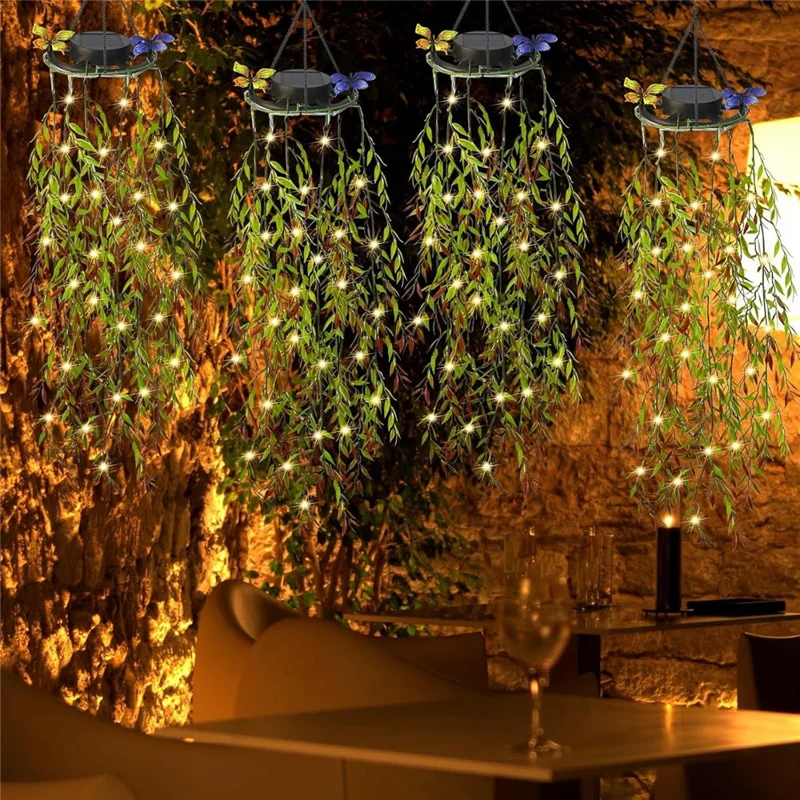 2Pcs Willow Leaves LED String Lights Outdoor Solar Hanging Artificial Plants Waterproof Fake Foliage Decor
