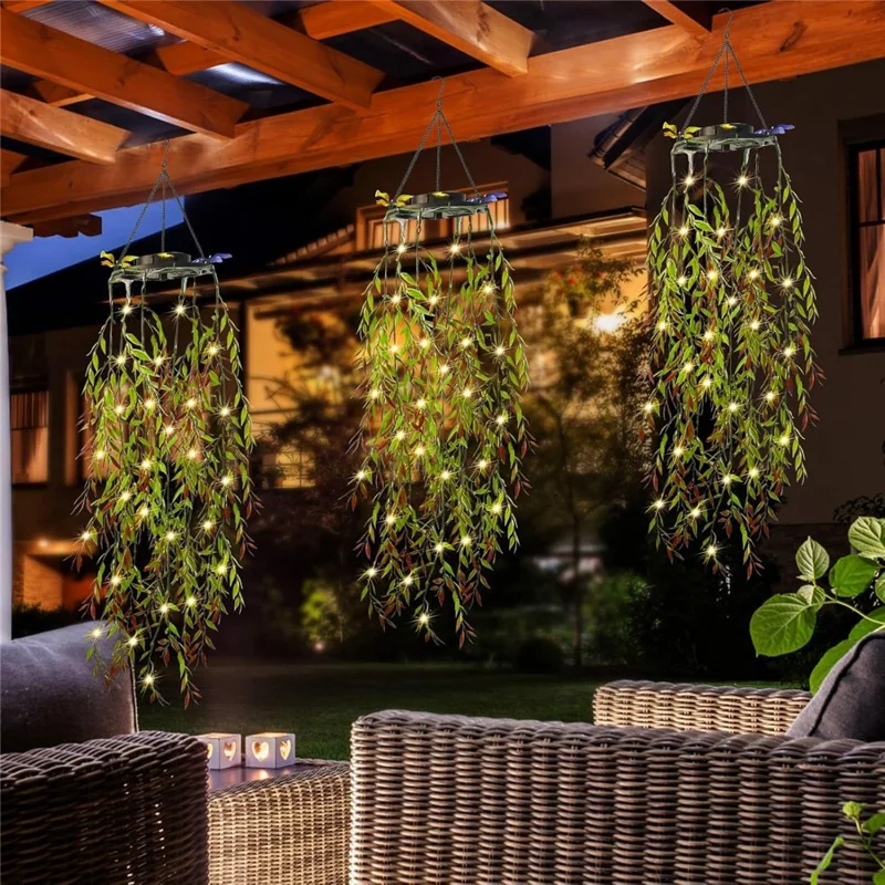 2Pcs Willow Leaves LED String Lights Outdoor Solar Hanging Artificial Plants Waterproof Fake Foliage Decor