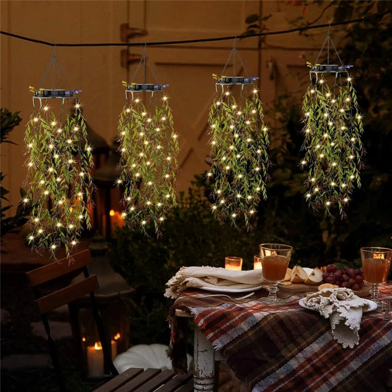 2Pcs Willow Leaves LED String Lights Outdoor Solar Hanging Artificial Plants Waterproof Fake Foliage Decor