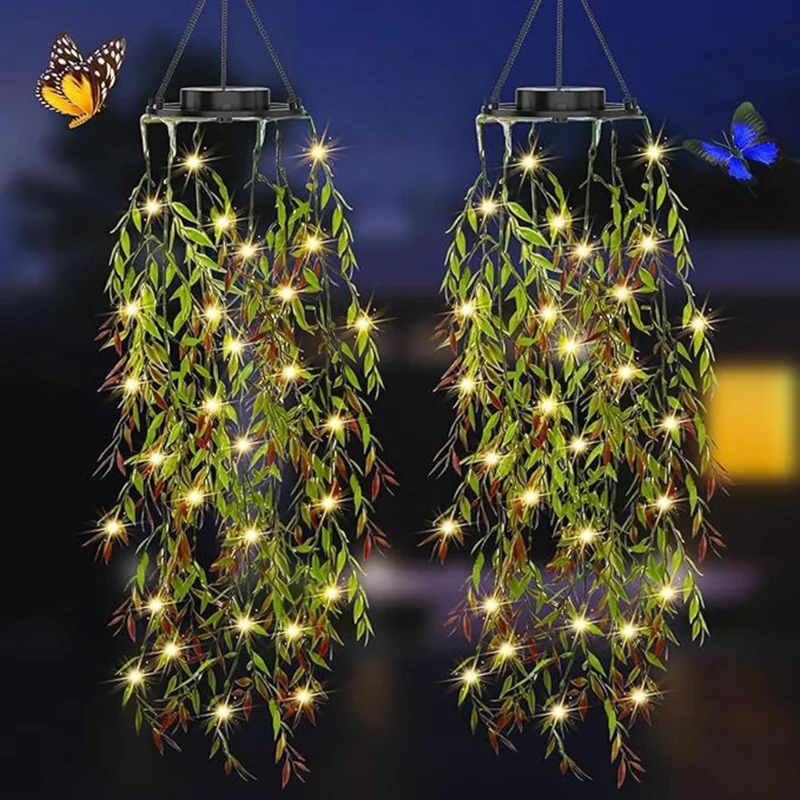 2Pcs Willow Leaves LED String Lights Outdoor Solar Hanging Artificial Plants Waterproof Fake Foliage Decor